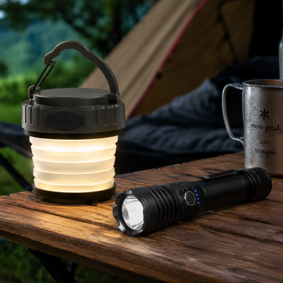 DeltaBattery Combo: linterna LED con USB + lámpara plegable para acampada