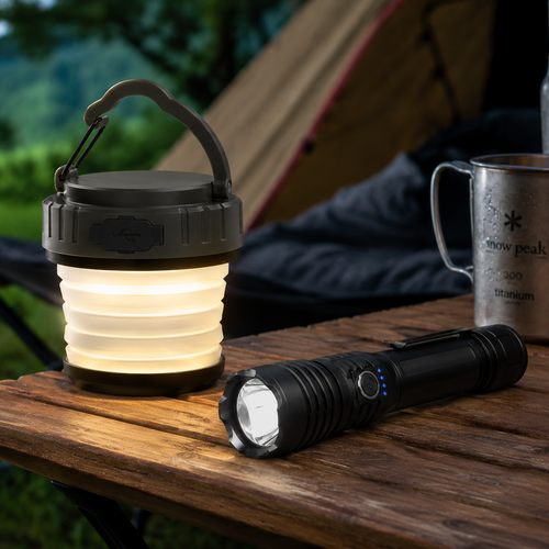 DeltaBattery Combo: linterna LED con USB + lámpara plegable para acampada